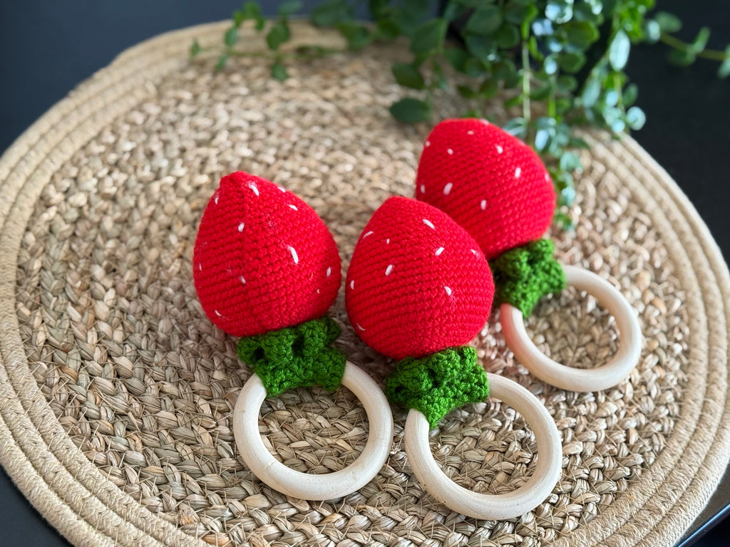 Crochet Strawberry Teether - Handmade Baby Rattle