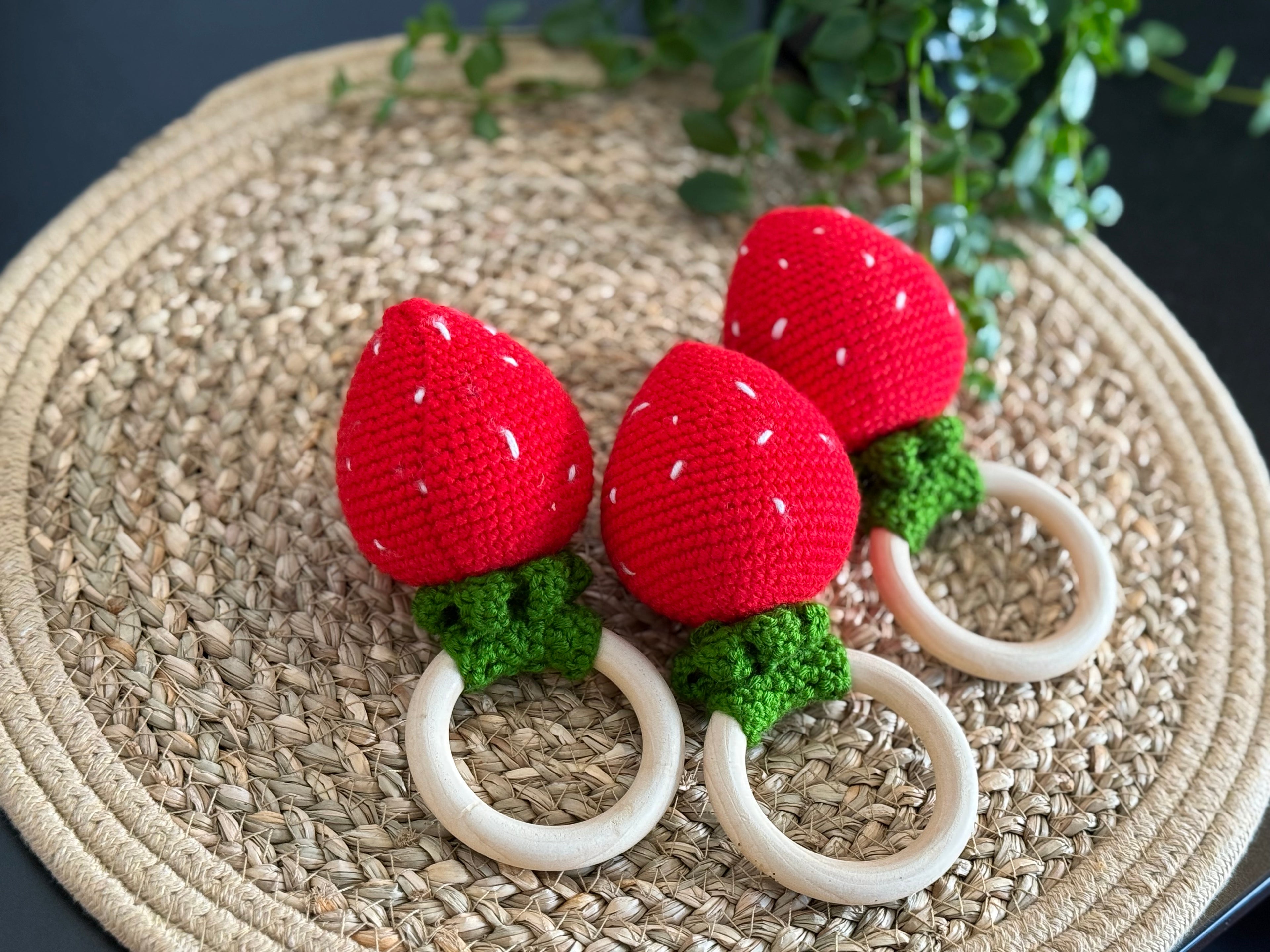 Crochet Strawberry Teether - Handmade Baby Rattle