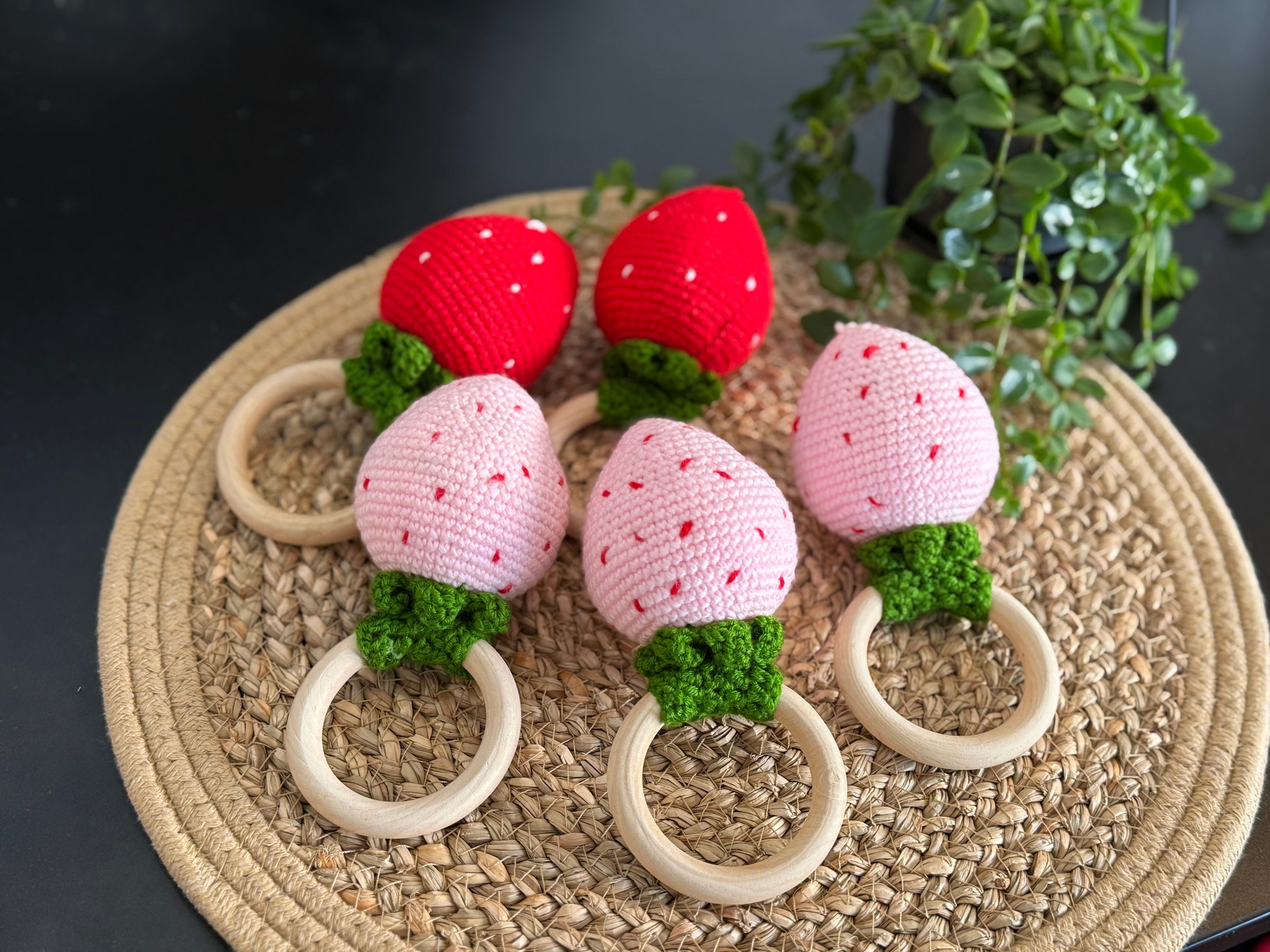 Crochet Strawberry Teether - Handmade Baby Rattle