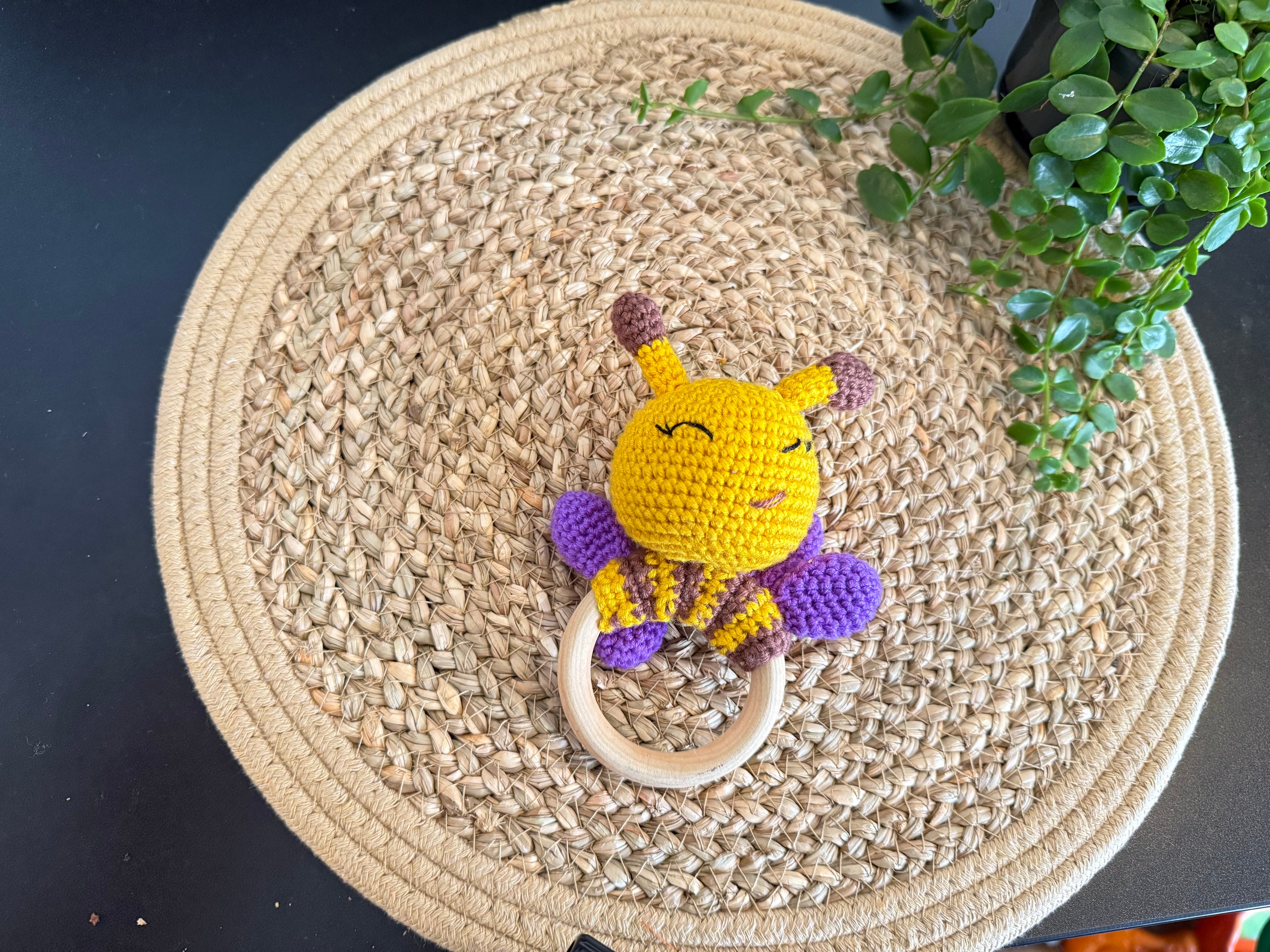 Crochet Bumblebee Teething Ring | Handmade Baby Rattle | Organic Wooden Ring Amigurumi Bee Teether