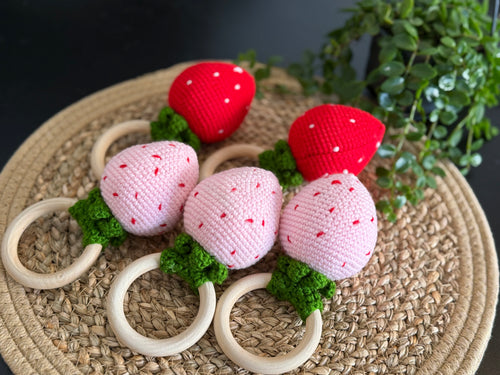 Crochet Strawberry Teether - Handmade Baby Rattle