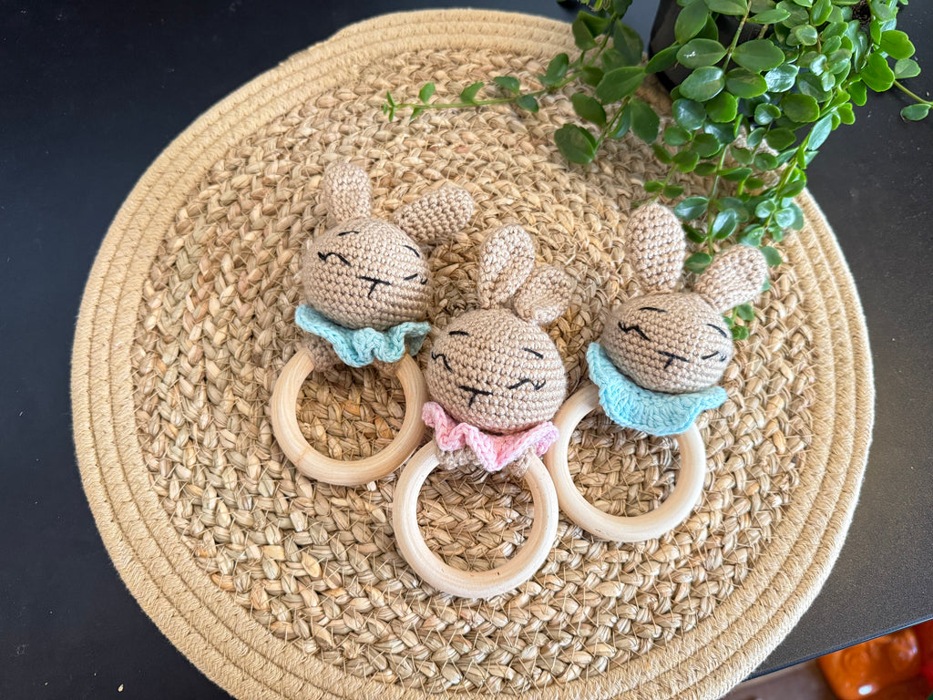 Handmade Crochet Bunny Baby Rattle Teether | Natural Wood Ring | Soft Cotton Baby Toy