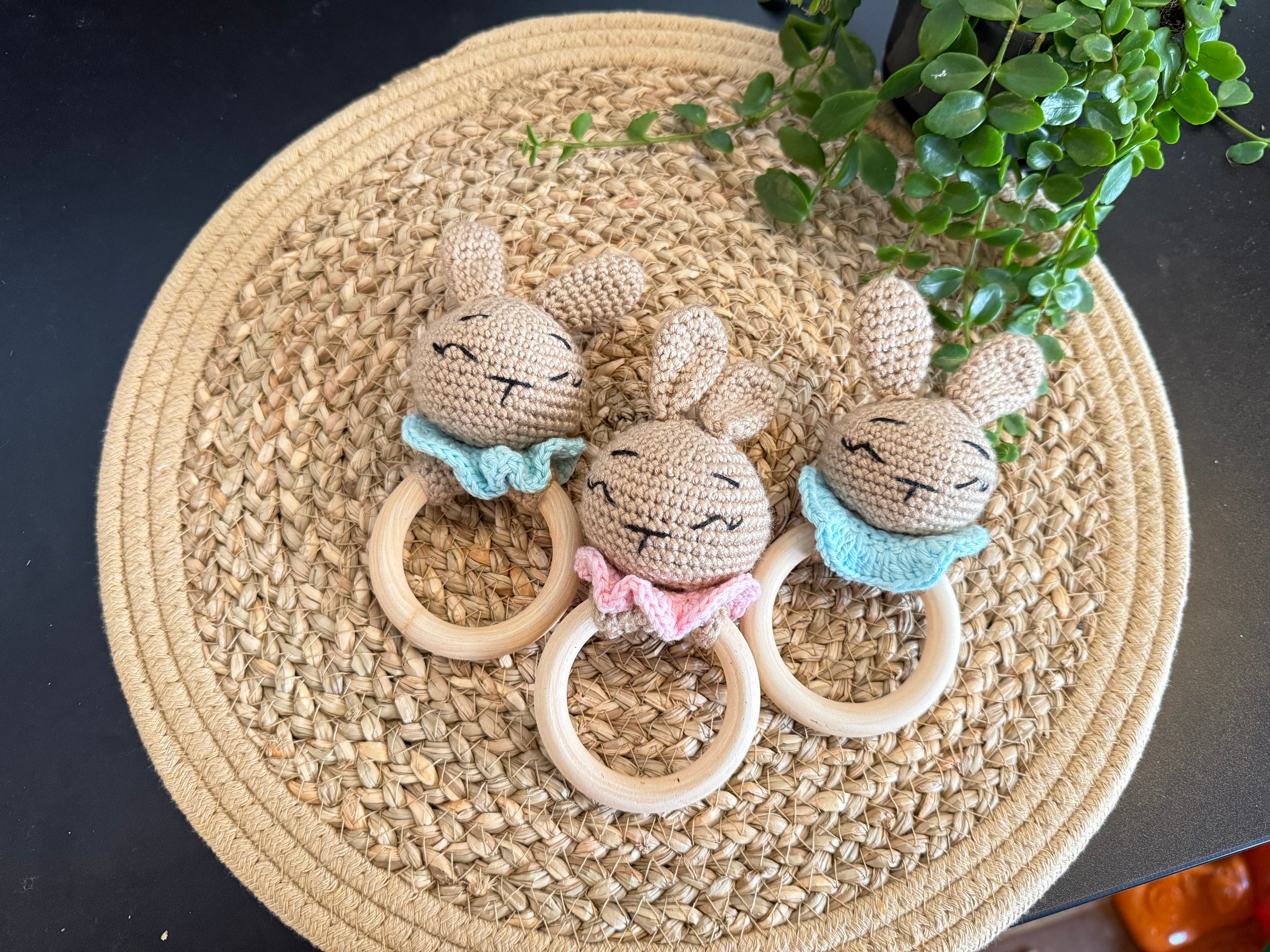 Handmade Crochet Bunny Baby Rattle Teether | Natural Wood Ring | Soft Cotton Baby Toy