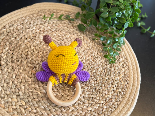 Crochet Bumblebee Teething Ring | Handmade Baby Rattle | Organic Wooden Ring Amigurumi Bee Teether