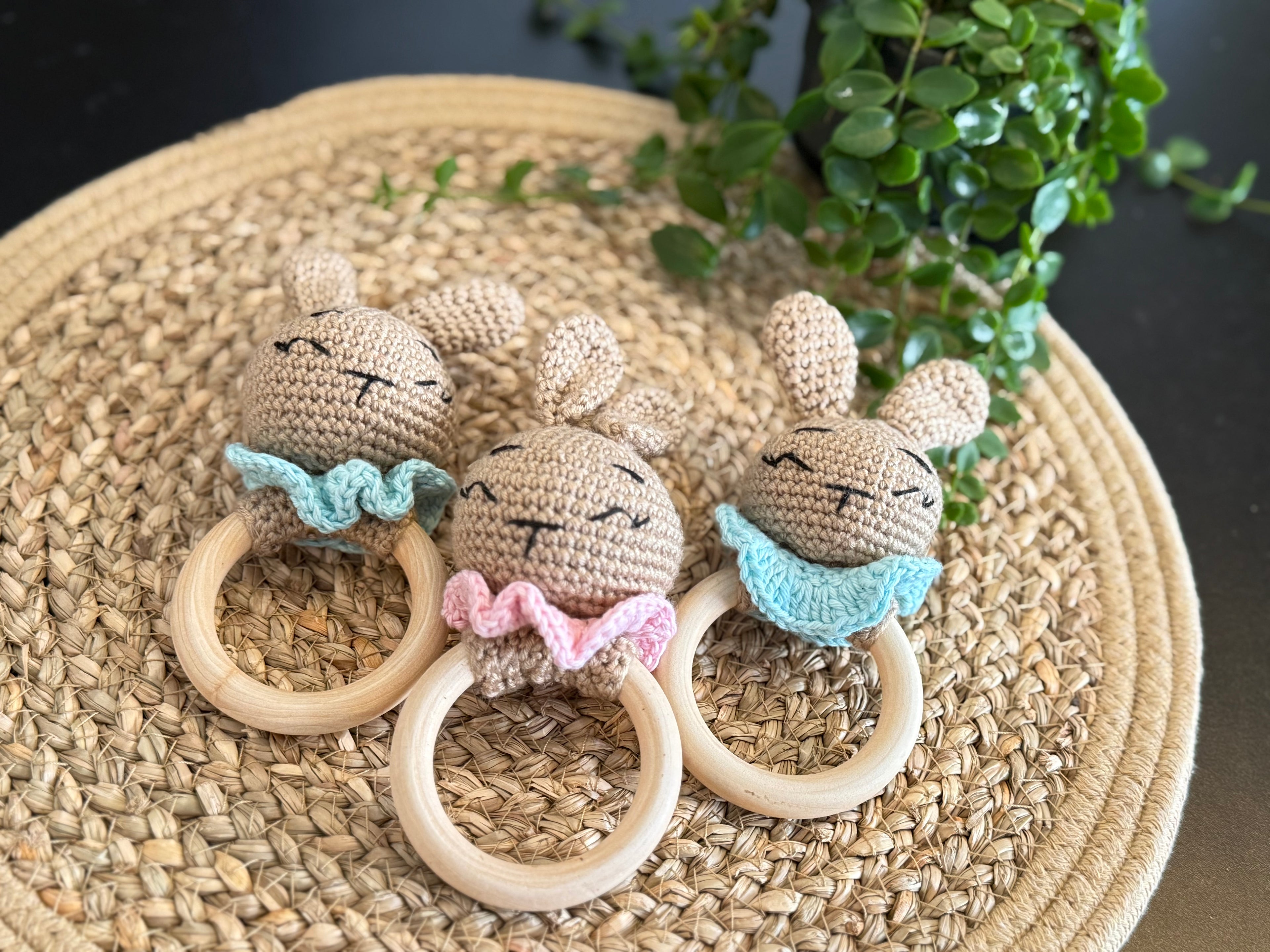 Handmade Crochet Bunny Baby Rattle Teether | Natural Wood Ring | Soft Cotton Baby Toy