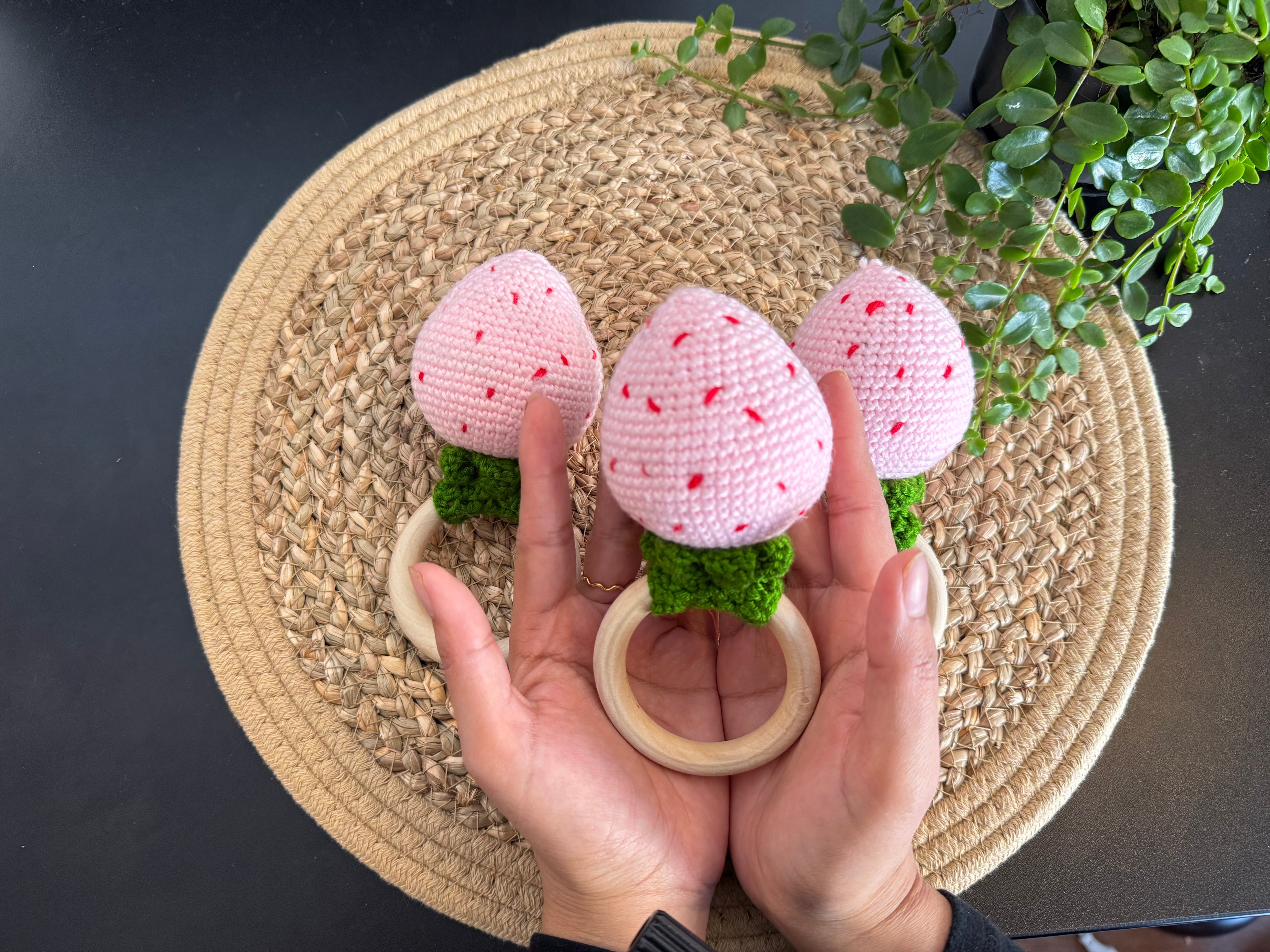 Crochet Strawberry Teether - Handmade Baby Rattle