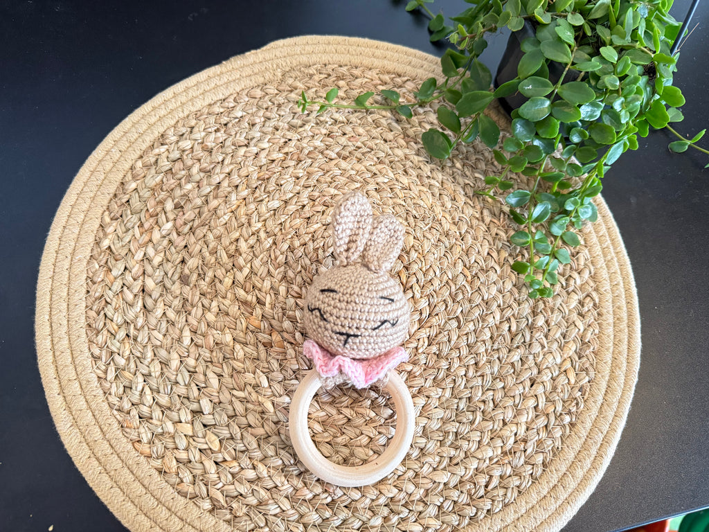 Handmade Crochet Bunny Baby Rattle Teether | Natural Wood Ring | Soft Cotton Baby Toy