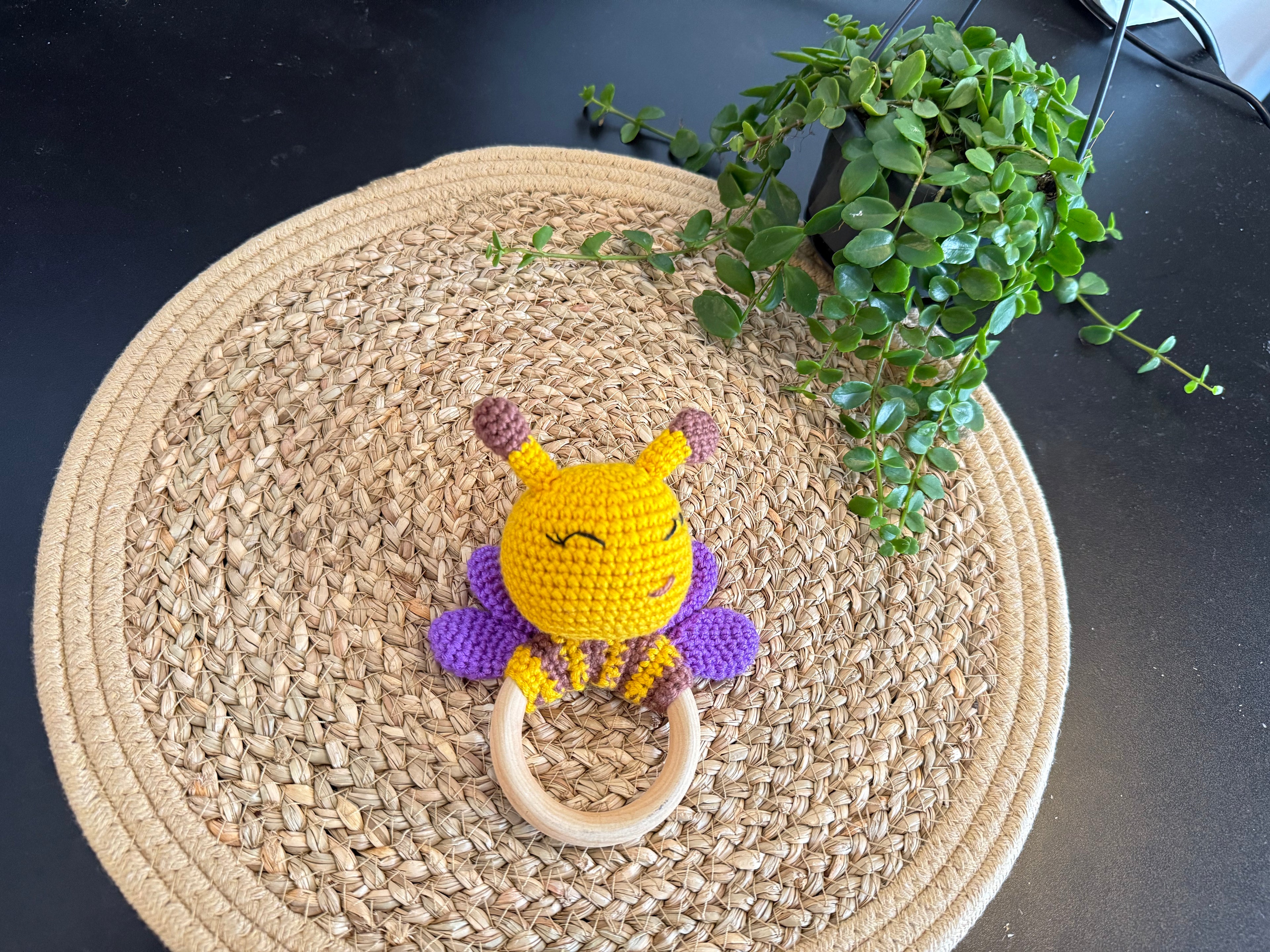 Crochet Bumblebee Teething Ring | Handmade Baby Rattle | Organic Wooden Ring Amigurumi Bee Teether